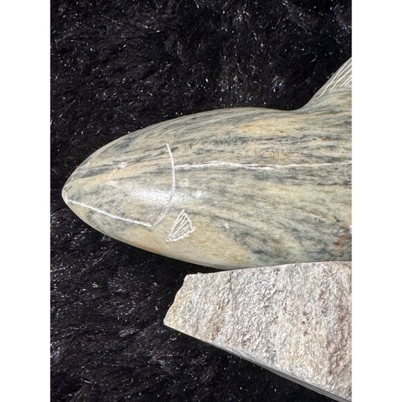 Hand-Carved Stone Fish Figurine On Rock Base Artist Signed - Picture 5 of 9